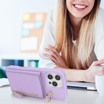 For iPhone 15 Plus / 14 Plus Crossbody Zipper Wallet Ring Holder Litchi Leather Phone Case(Purple) - iPhone 15 Plus Cases by buy2fix | Online Shopping UK | buy2fix