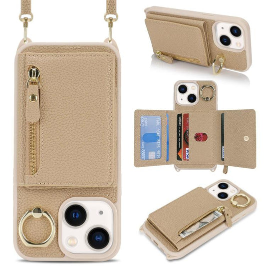 For iPhone 15 Plus / 14 Plus Crossbody Zipper Wallet Ring Holder Litchi Leather Phone Case(Rose Gold) - iPhone 15 Plus Cases by buy2fix | Online Shopping UK | buy2fix