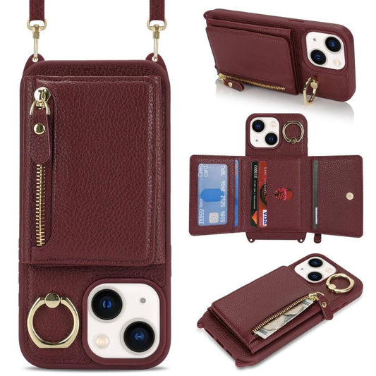 For iPhone 15 Plus / 14 Plus Crossbody Zipper Wallet Ring Holder Litchi Leather Phone Case(Red wine) - iPhone 15 Plus Cases by buy2fix | Online Shopping UK | buy2fix