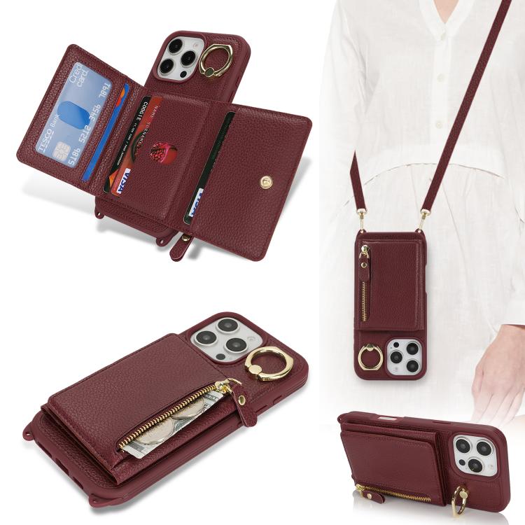 For iPhone 15 Plus / 14 Plus Crossbody Zipper Wallet Ring Holder Litchi Leather Phone Case(Red wine) - iPhone 15 Plus Cases by buy2fix | Online Shopping UK | buy2fix