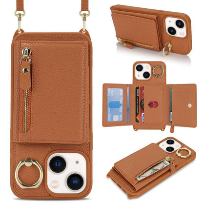 For iPhone 15 Plus / 14 Plus Crossbody Zipper Wallet Ring Holder Litchi Leather Phone Case(Brown) - iPhone 15 Plus Cases by buy2fix | Online Shopping UK | buy2fix