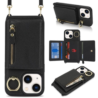 For iPhone 15 Plus / 14 Plus Crossbody Zipper Wallet Ring Holder Litchi Leather Phone Case(Black) - iPhone 15 Plus Cases by buy2fix | Online Shopping UK | buy2fix