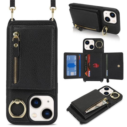 For iPhone 15 Crossbody Zipper Wallet Ring Holder Litchi Leather Phone Case(Black)