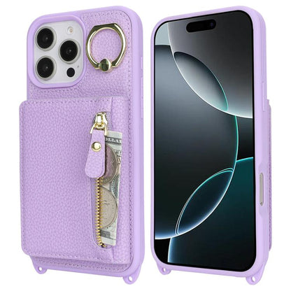 For iPhone 15 Pro Crossbody Zipper Wallet Ring Holder Litchi Leather Phone Case(Purple) - iPhone 15 Pro Cases by buy2fix | Online Shopping UK | buy2fix