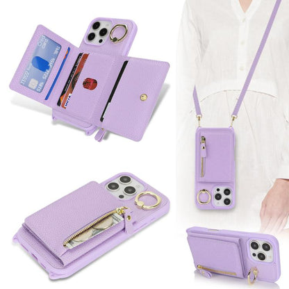 For iPhone 15 Pro Crossbody Zipper Wallet Ring Holder Litchi Leather Phone Case(Purple) - iPhone 15 Pro Cases by buy2fix | Online Shopping UK | buy2fix
