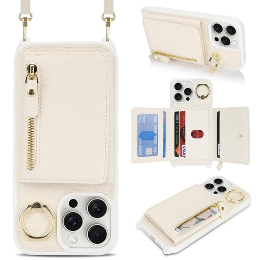 For iPhone 15 Pro Max Crossbody Zipper Wallet Ring Holder Litchi Leather Phone Case(Apricot) - iPhone 15 Pro Max Cases by buy2fix | Online Shopping UK | buy2fix