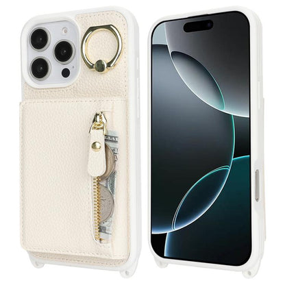 For iPhone 15 Pro Max Crossbody Zipper Wallet Ring Holder Litchi Leather Phone Case(Apricot) - iPhone 15 Pro Max Cases by buy2fix | Online Shopping UK | buy2fix