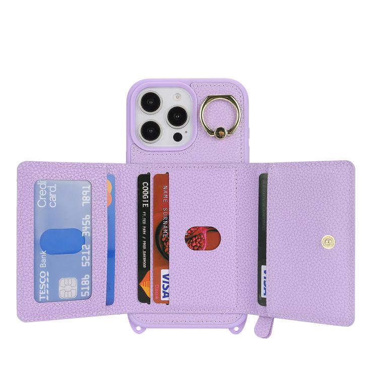 For iPhone 15 Pro Max Crossbody Zipper Wallet Ring Holder Litchi Leather Phone Case(Purple) - iPhone 15 Pro Max Cases by buy2fix | Online Shopping UK | buy2fix