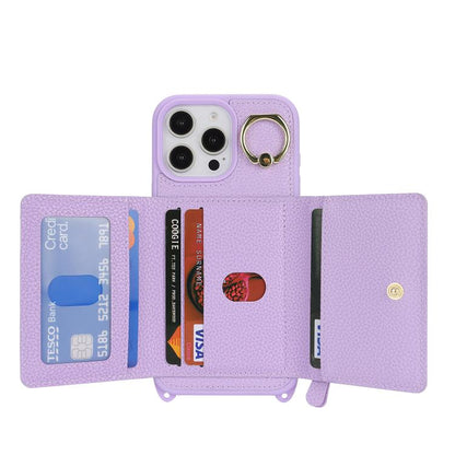 For iPhone 15 Pro Max Crossbody Zipper Wallet Ring Holder Litchi Leather Phone Case(Purple) - iPhone 15 Pro Max Cases by buy2fix | Online Shopping UK | buy2fix
