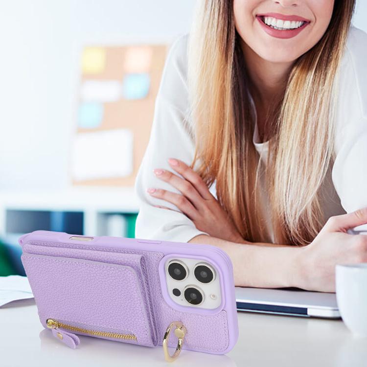 For iPhone 15 Pro Max Crossbody Zipper Wallet Ring Holder Litchi Leather Phone Case(Purple) - iPhone 15 Pro Max Cases by buy2fix | Online Shopping UK | buy2fix