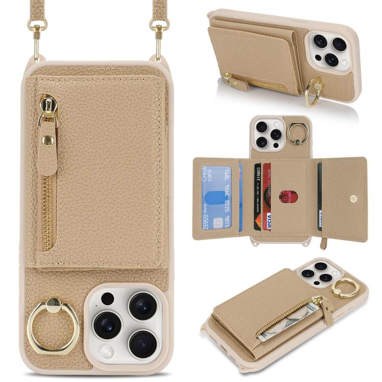 For iPhone 15 Pro Max Crossbody Zipper Wallet Ring Holder Litchi Leather Phone Case(Rose Gold) - iPhone 15 Pro Max Cases by buy2fix | Online Shopping UK | buy2fix