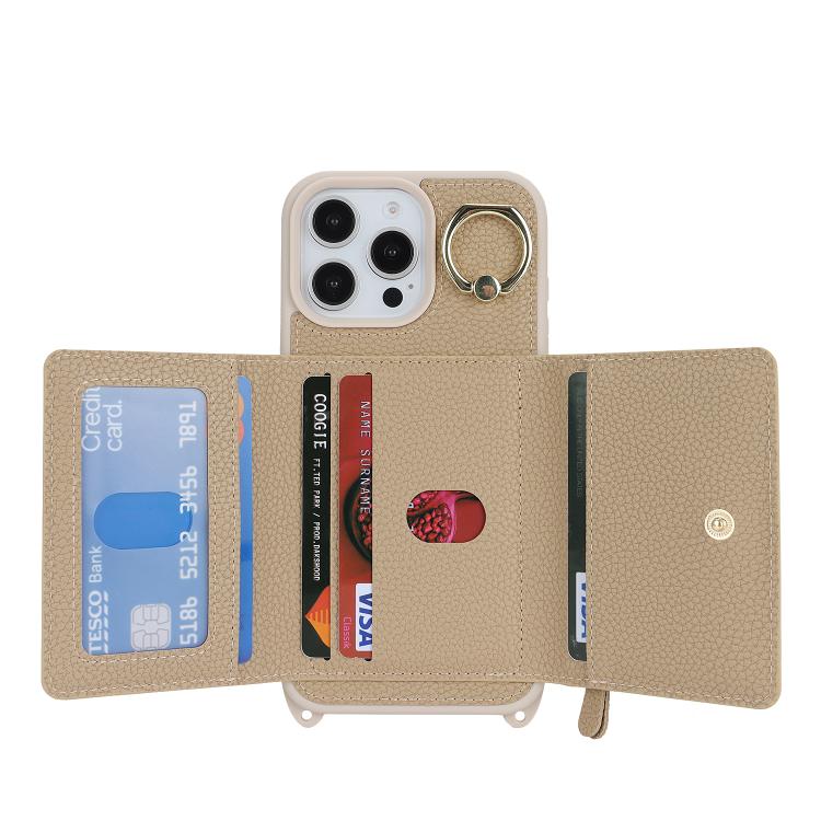 For iPhone 15 Pro Max Crossbody Zipper Wallet Ring Holder Litchi Leather Phone Case(Rose Gold) - iPhone 15 Pro Max Cases by buy2fix | Online Shopping UK | buy2fix