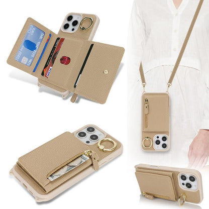 For iPhone 15 Pro Max Crossbody Zipper Wallet Ring Holder Litchi Leather Phone Case(Rose Gold) - iPhone 15 Pro Max Cases by buy2fix | Online Shopping UK | buy2fix