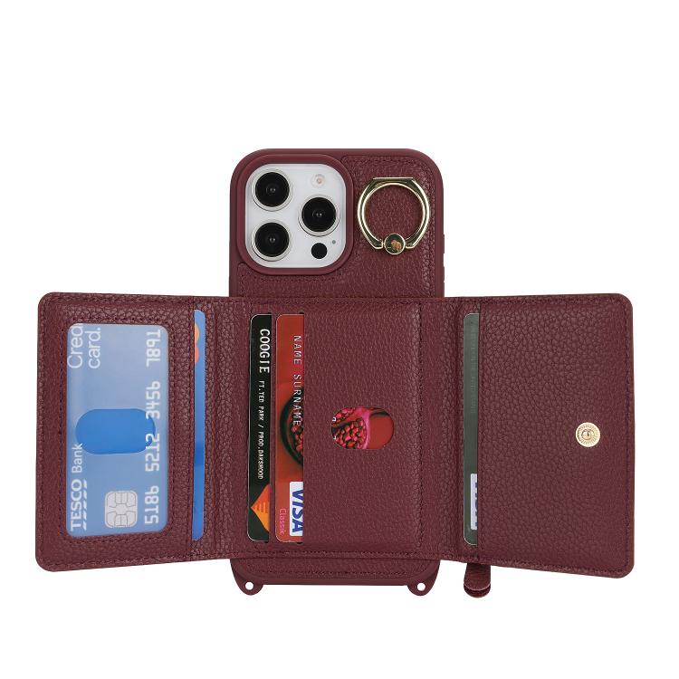 For iPhone 15 Pro Max Crossbody Zipper Wallet Ring Holder Litchi Leather Phone Case(Red wine) - iPhone 15 Pro Max Cases by buy2fix | Online Shopping UK | buy2fix