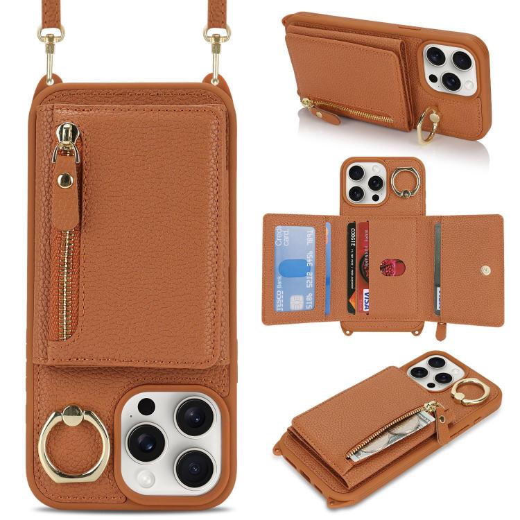 For iPhone 15 Pro Max Crossbody Zipper Wallet Ring Holder Litchi Leather Phone Case(Brown) - iPhone 15 Pro Max Cases by buy2fix | Online Shopping UK | buy2fix