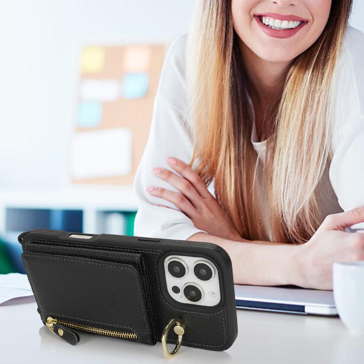 For iPhone 15 Pro Max Crossbody Zipper Wallet Ring Holder Litchi Leather Phone Case(Black) - iPhone 15 Pro Max Cases by buy2fix | Online Shopping UK | buy2fix