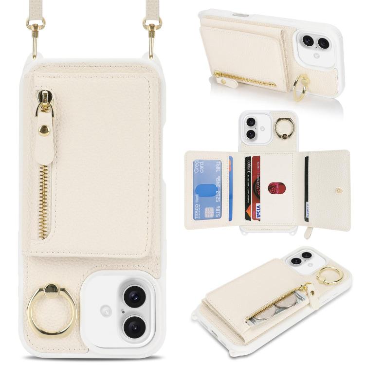 For iPhone 16 Crossbody Zipper Wallet Ring Holder Litchi Leather Phone Case(Apricot) - iPhone 16 Cases by buy2fix | Online Shopping UK | buy2fix
