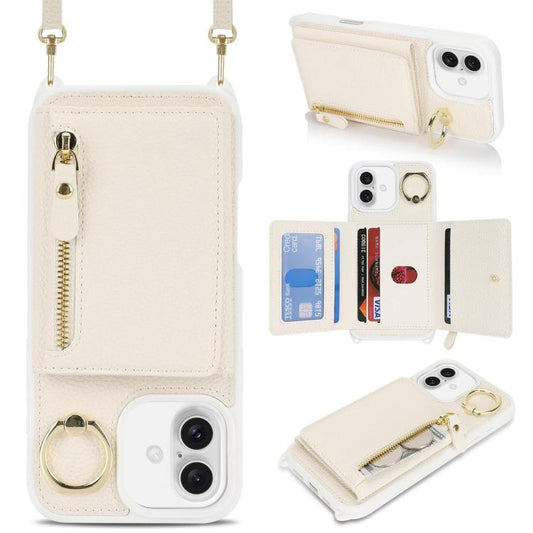 For iPhone 16 Crossbody Zipper Wallet Ring Holder Litchi Leather Phone Case(Apricot) - iPhone 16 Cases by buy2fix | Online Shopping UK | buy2fix