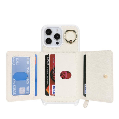 For iPhone 16 Crossbody Zipper Wallet Ring Holder Litchi Leather Phone Case(Apricot) - iPhone 16 Cases by buy2fix | Online Shopping UK | buy2fix