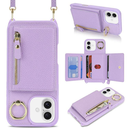 For iPhone 16 Crossbody Zipper Wallet Ring Holder Litchi Leather Phone Case(Purple) - iPhone 16 Cases by buy2fix | Online Shopping UK | buy2fix