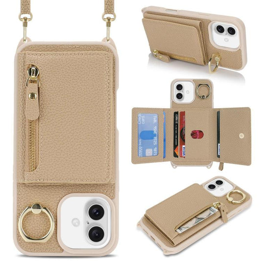For iPhone 16 Crossbody Zipper Wallet Ring Holder Litchi Leather Phone Case(Rose Gold) - iPhone 16 Cases by buy2fix | Online Shopping UK | buy2fix