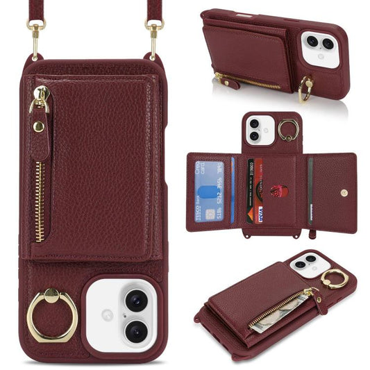 For iPhone 16 Crossbody Zipper Wallet Ring Holder Litchi Leather Phone Case(Red wine) - iPhone 16 Cases by buy2fix | Online Shopping UK | buy2fix