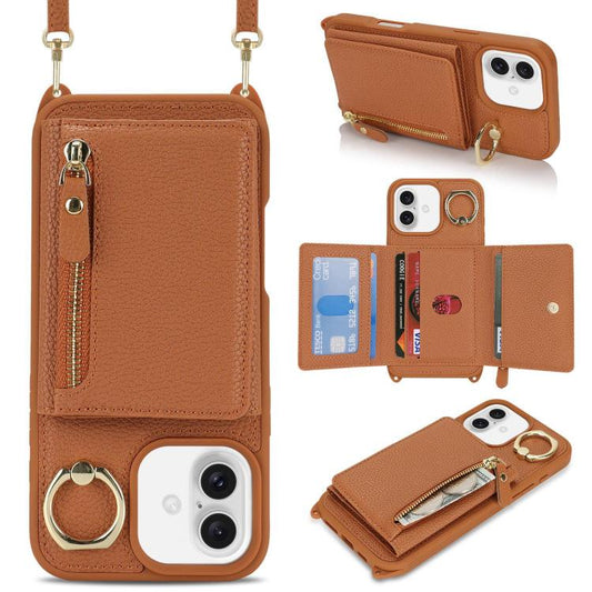 For iPhone 16 Crossbody Zipper Wallet Ring Holder Litchi Leather Phone Case(Brown) - iPhone 16 Cases by buy2fix | Online Shopping UK | buy2fix