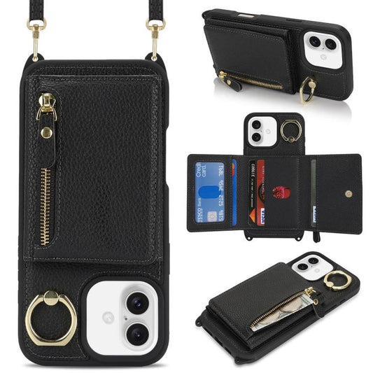 For iPhone 16 Crossbody Zipper Wallet Ring Holder Litchi Leather Phone Case(Black) - iPhone 16 Cases by buy2fix | Online Shopping UK | buy2fix