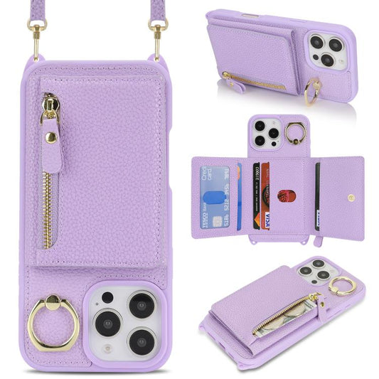 For iPhone 16 Pro Crossbody Zipper Wallet Ring Holder Litchi Leather Phone Case(Purple) - iPhone 16 Pro Cases by buy2fix | Online Shopping UK | buy2fix