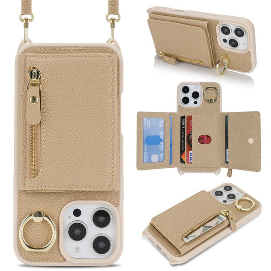 For iPhone 16 Pro Crossbody Zipper Wallet Ring Holder Litchi Leather Phone Case(Rose Gold) - iPhone 16 Pro Cases by buy2fix | Online Shopping UK | buy2fix