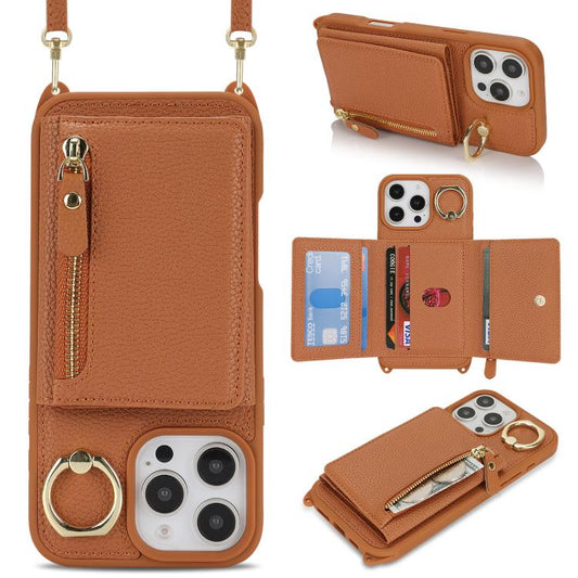For iPhone 16 Pro Crossbody Zipper Wallet Ring Holder Litchi Leather Phone Case(Brown) - iPhone 16 Pro Cases by buy2fix | Online Shopping UK | buy2fix