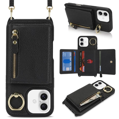 For iPhone 16 Plus Crossbody Zipper Wallet Ring Holder Litchi Leather Phone Case(Black) - iPhone 16 Plus Cases by buy2fix | Online Shopping UK | buy2fix