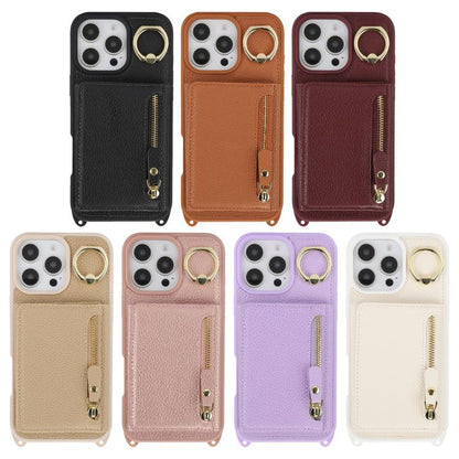 For iPhone 14 Pro Max Crossbody Zipper Wallet Ring Holder Litchi Leather Phone Case(Rose Gold) - iPhone 14 Pro Max Cases by buy2fix | Online Shopping UK | buy2fix