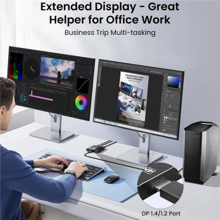 FD 1X2 4K 144HZ Audio Extractor Splitter DisplayPort 1.4 to Dual DisplayPort MST Hub, Plug:EU Plug - Switch by buy2fix | Online Shopping UK | buy2fix