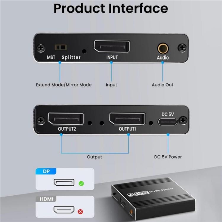 FD 1X2 4K 144HZ Audio Extractor Splitter DisplayPort 1.4 to Dual DisplayPort MST Hub, Plug:US Plug - Switch by buy2fix | Online Shopping UK | buy2fix