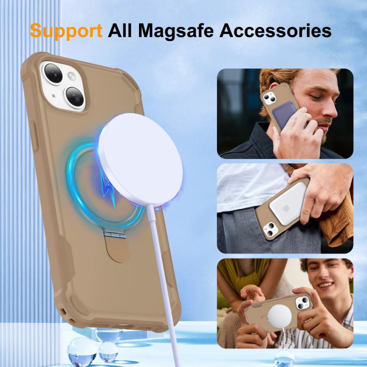 For iPhone 14 Plus Yingcai Gears MagSafe Holder Shockproof Phone Case(Brown) - iPhone 14 Plus Cases by buy2fix | Online Shopping UK | buy2fix
