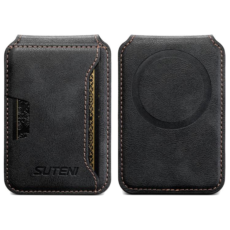 Suteni S3 Cowhide Textured MagSafe Magnetic Card Case(Black) - Adhesive Card Holders by Suteni | Online Shopping UK | buy2fix