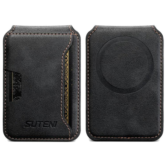 Suteni S3 Cowhide Textured MagSafe Magnetic Card Case(Black) - Adhesive Card Holders by Suteni | Online Shopping UK | buy2fix