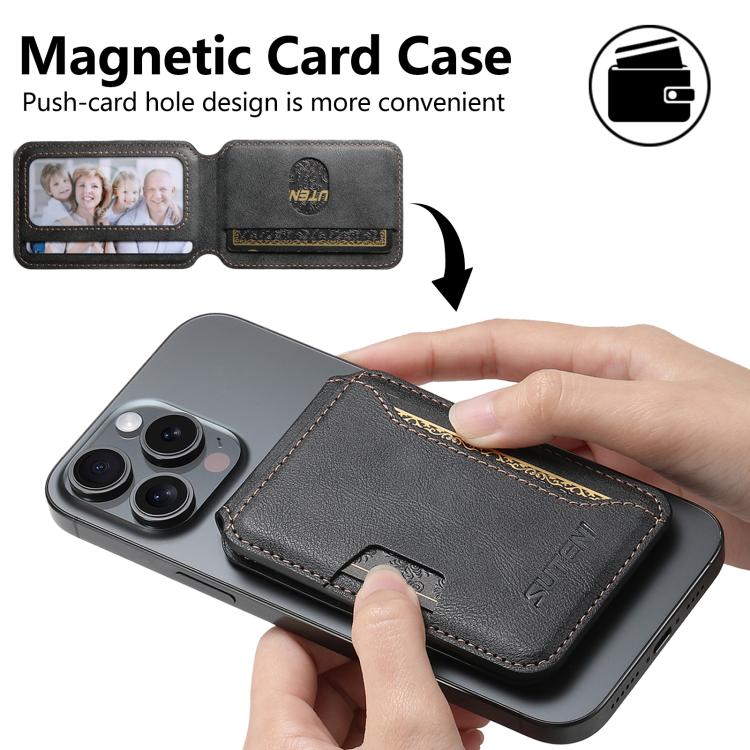 Suteni S3 Cowhide Textured MagSafe Magnetic Card Case(Black) - Adhesive Card Holders by Suteni | Online Shopping UK | buy2fix