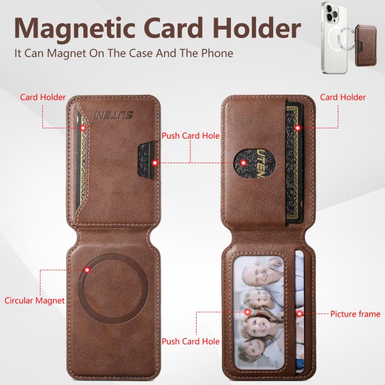 Suteni S3 Cowhide Textured MagSafe Magnetic Card Case(Brown) - Adhesive Card Holders by Suteni | Online Shopping UK | buy2fix