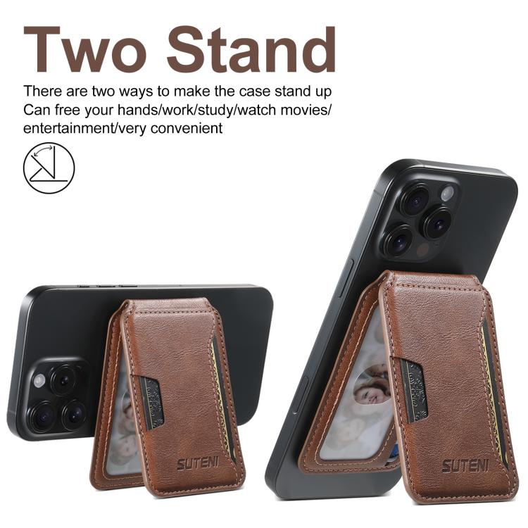 Suteni S3 Cowhide Textured MagSafe Magnetic Card Case(Brown) - Adhesive Card Holders by Suteni | Online Shopping UK | buy2fix