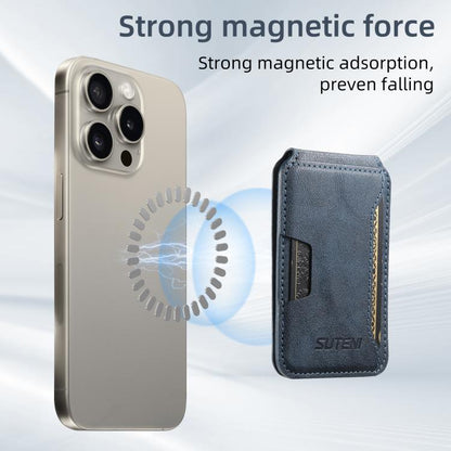 Suteni S3 Cowhide Textured MagSafe Magnetic Card Case(Blue) - Adhesive Card Holders by Suteni | Online Shopping UK | buy2fix