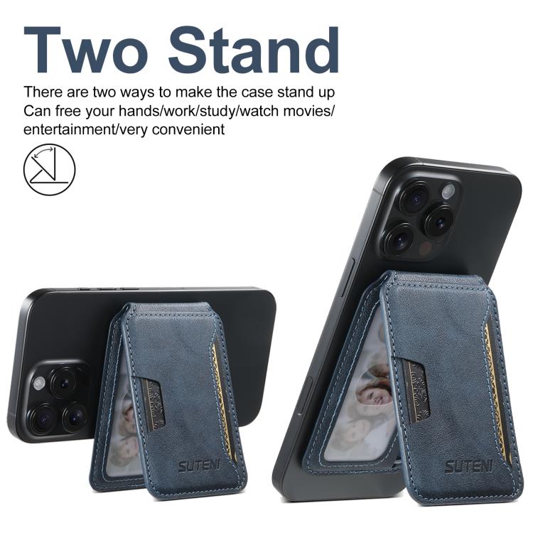 Suteni S3 Cowhide Textured MagSafe Magnetic Card Case(Blue) - Adhesive Card Holders by Suteni | Online Shopping UK | buy2fix