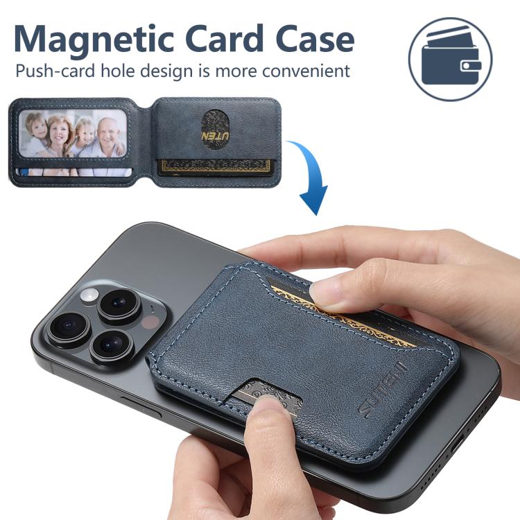 Suteni S3 Cowhide Textured MagSafe Magnetic Card Case(Blue) - Adhesive Card Holders by Suteni | Online Shopping UK | buy2fix