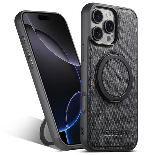 For iPhone 16 Pro Max Suteni G3 360 Rotation Holder MagSafe Denim Leather Back Phone Case(Black) - iPhone 16 Pro Max Cases by Suteni | Online Shopping UK | buy2fix