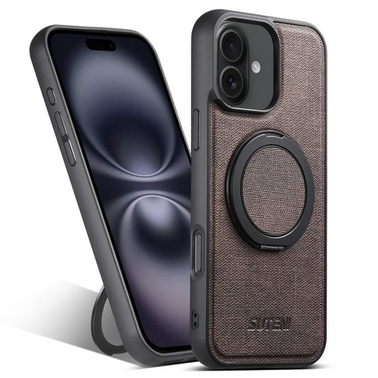 For iPhone 16 Plus Suteni G3 360 Rotation Holder MagSafe Denim Leather Back Phone Case(Brown) - iPhone 16 Plus Cases by Suteni | Online Shopping UK | buy2fix