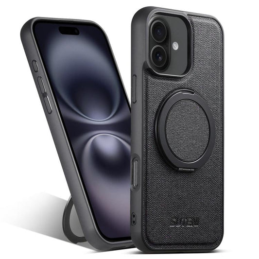 For iPhone 16 Suteni G3 360 Rotation Holder MagSafe Denim Leather Back Phone Case(Black) - iPhone 16 Cases by Suteni | Online Shopping UK | buy2fix