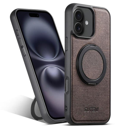 For iPhone 16 Suteni G3 360 Rotation Holder MagSafe Denim Leather Back Phone Case(Brown) - iPhone 16 Cases by Suteni | Online Shopping UK | buy2fix