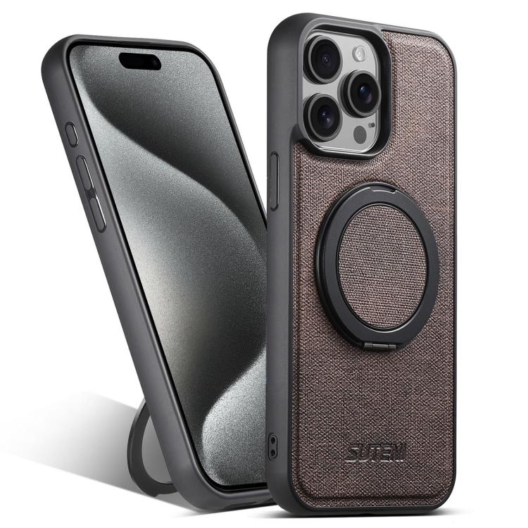 For iPhone 15 Pro Max Suteni G3 360 Rotation Holder MagSafe Denim Leather Back Phone Case(Brown) - iPhone 15 Pro Max Cases by Suteni | Online Shopping UK | buy2fix