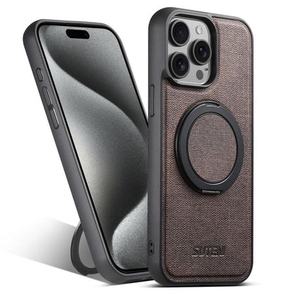 For iPhone 15 Pro Max Suteni G3 360 Rotation Holder MagSafe Denim Leather Back Phone Case(Brown) - iPhone 15 Pro Max Cases by Suteni | Online Shopping UK | buy2fix